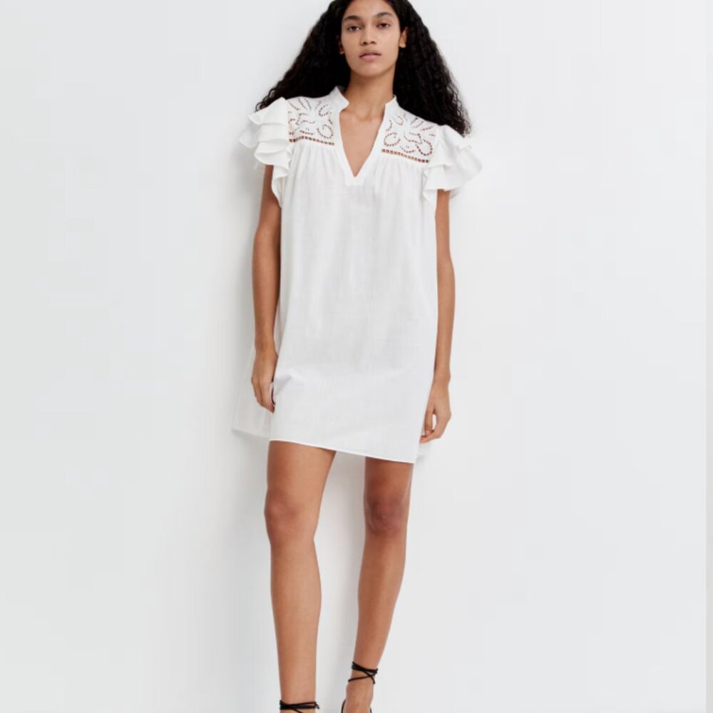Flutter-Sleeve Dress with Eyelet Embroidery